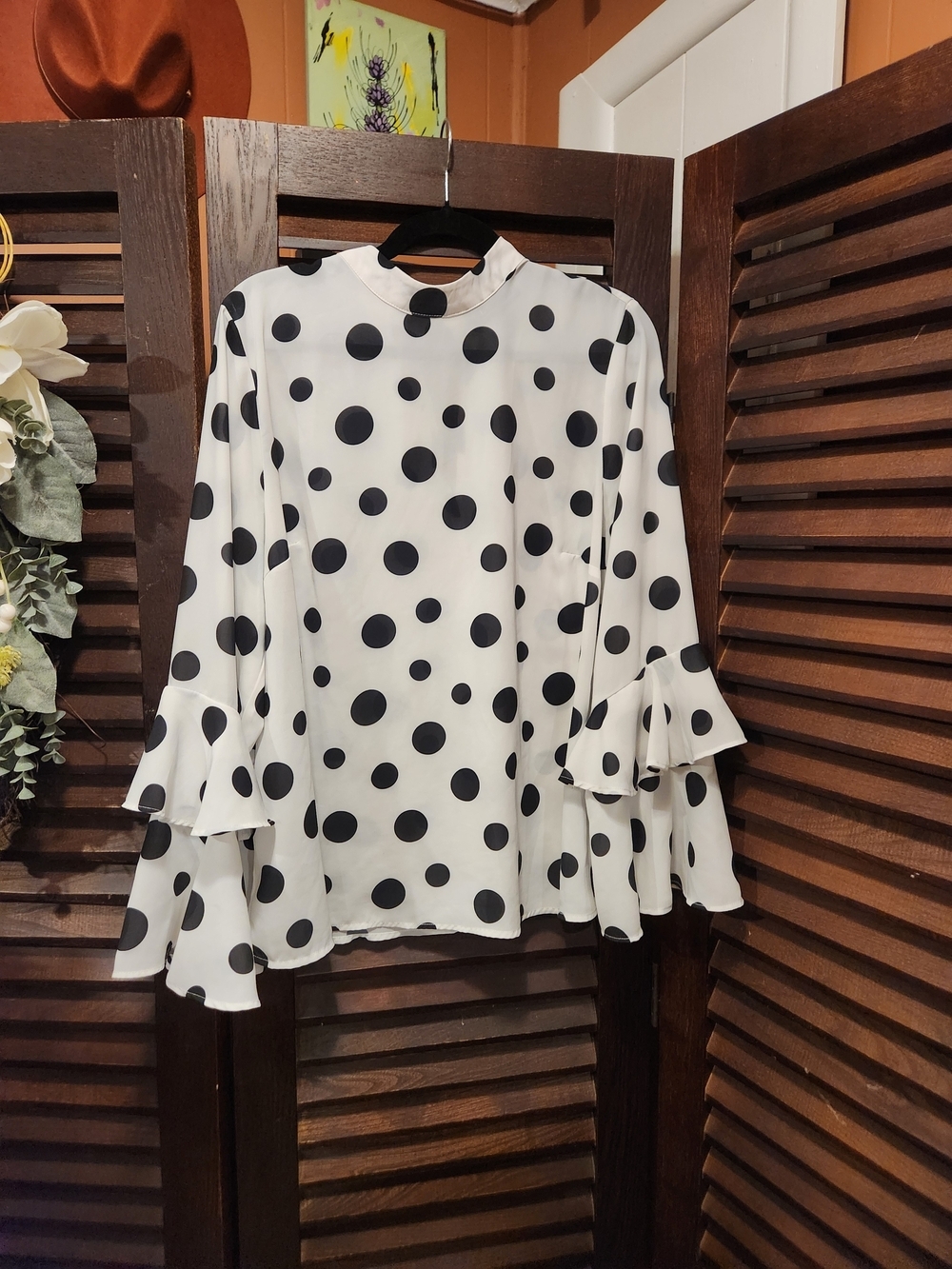 Eloquii White Blouse with Black Polka Dots and Ruffle Sleeves